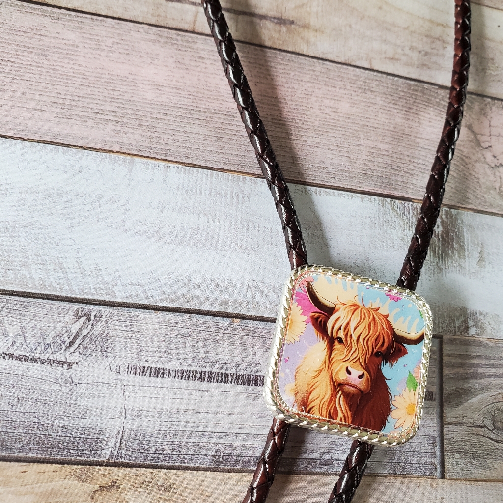 Cute Highland Cow Concho Western Necklace Bolo Tie With Hanava Braided